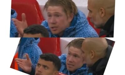 53-years-old Manchester City coach Pep Guardiola confronts Kevin De Bruyne following the City star's substitution against Liverpool.